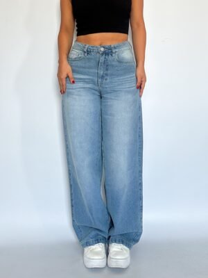 Wide Leg Jeans Tiro Alto Celeste