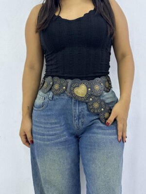 Concho Belt Corazón Negro Dorado