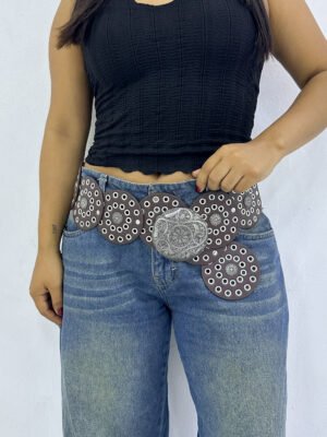 Concho Belt Circulo Marrón Oscuro Plateado