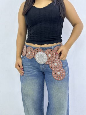 Concho Belt Circulo Marrón Claro Plateado